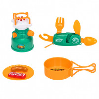 Детская посуда игрушка "Набор Туриста" с набором для пикника 6 предметов: примус, складной ножик, сковорода, тарелка, 2 муляжа продуктов